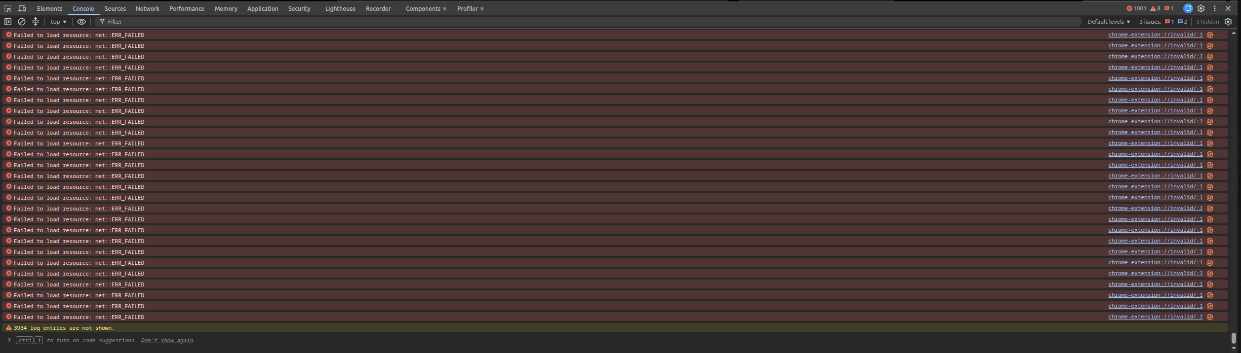 Chrome DevTools Console on a LinkedIn page, filled top to bottom with identical red errors reading Failed to load resource: net::ERR_FAILED, each sourced from chrome-extension://invalid. The toolbar error counter reads 1001 and a banner at the bottom reads 3934 log entries are not shown.