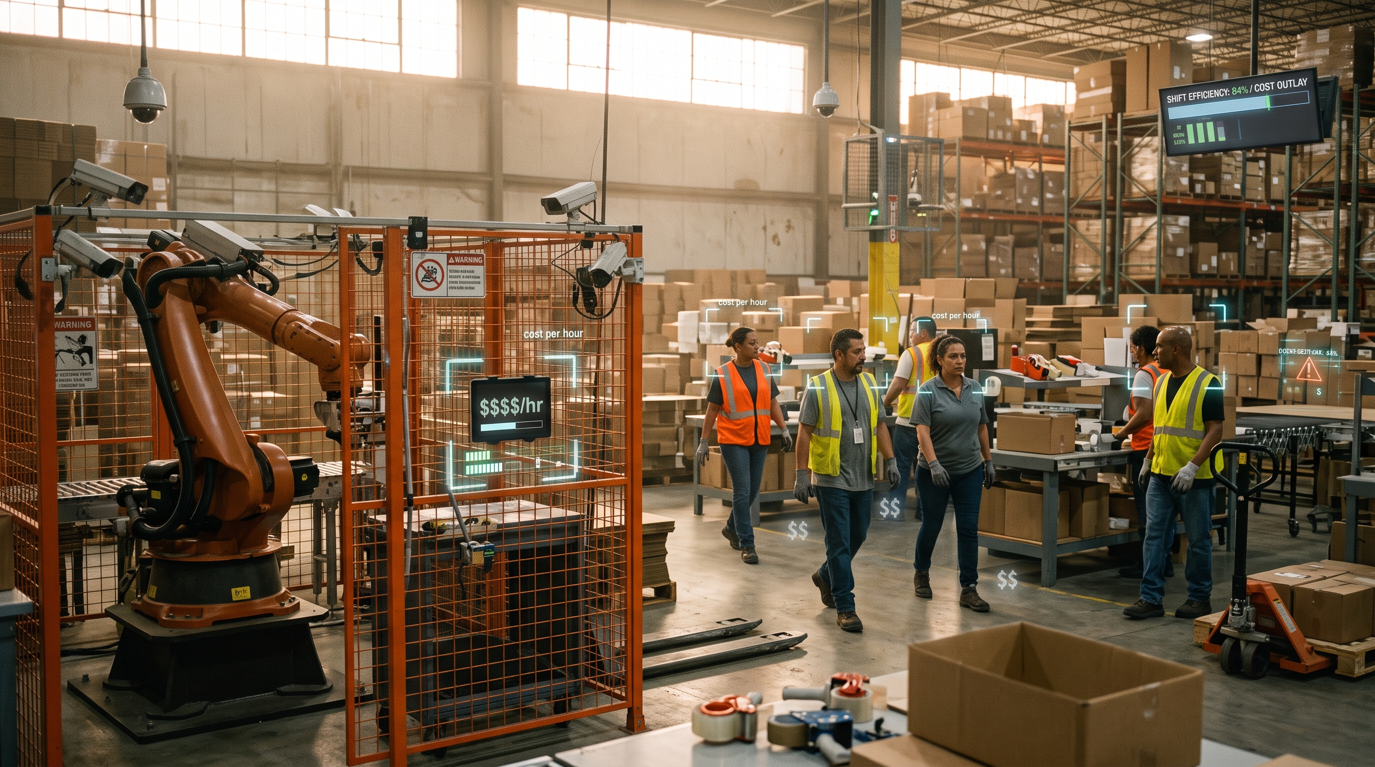 A warehouse worker in a yellow safety vest, a wrist-mounted tracker, and work gloves rests one hand on a pallet of sealed cardboard boxes and looks at the camera. Behind him an industrial robot arm sits idle inside an orange safety cage topped with razor wire and a security camera. Two red LED signs on the cage read CELL IDLE, METRICS ACTIVE, and a blank paper price tag hangs from the mesh.