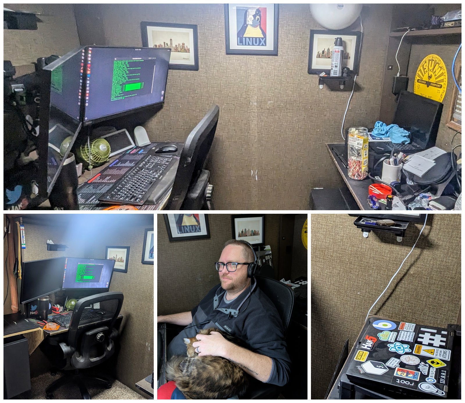 Four photos of the mobile office built into the BigFox travel trailer. The wide shot across the top shows the full room: a custom plywood desk on the left carrying dual monitors with a green terminal session open, an office chair, a framed LINUX penguin poster and two city skyline prints on the fabric wall, and a second desk on the right stacked with tools and gear under a yellow Sun Record Company sign. Below it, three smaller photos: the main desk with a Hak5 tumbler and a small fan, Casey sitting in the chair in a headset with a long-haired cat asleep on his lap, and a hard case covered in tech stickers.